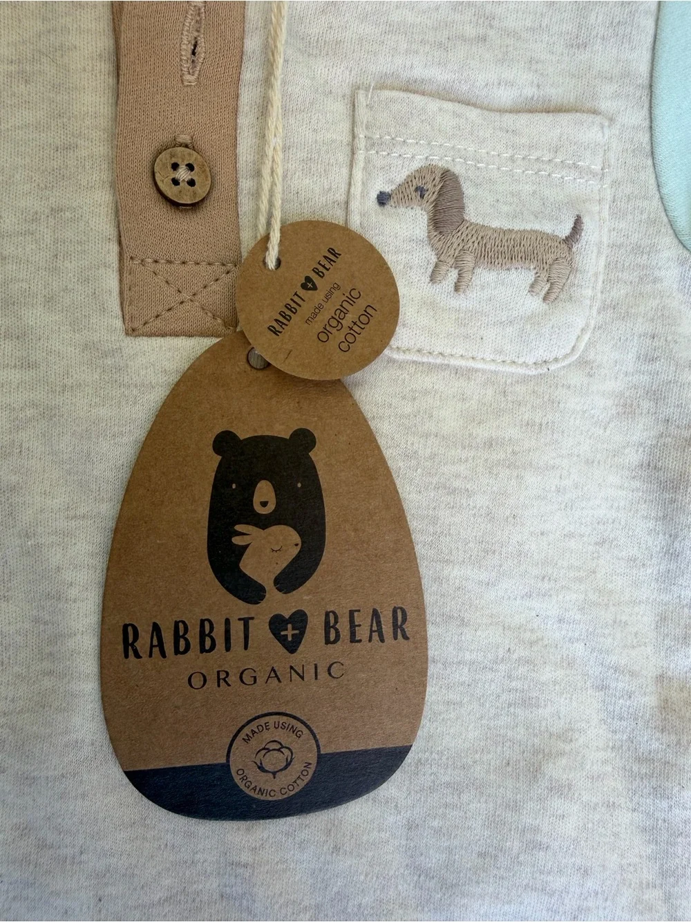 Rabbit & Bear Organic Cotton Baby Bodysuit - Cream with Mint Pocket Accent